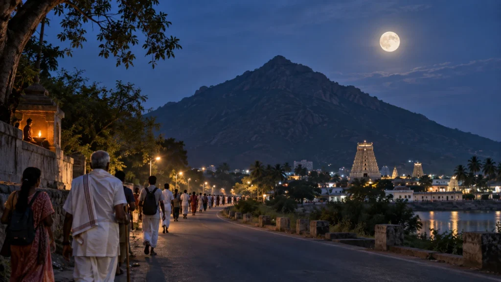 Pournami Girivalam around Arunachala Hill in Tiruvannamalai during a full moon